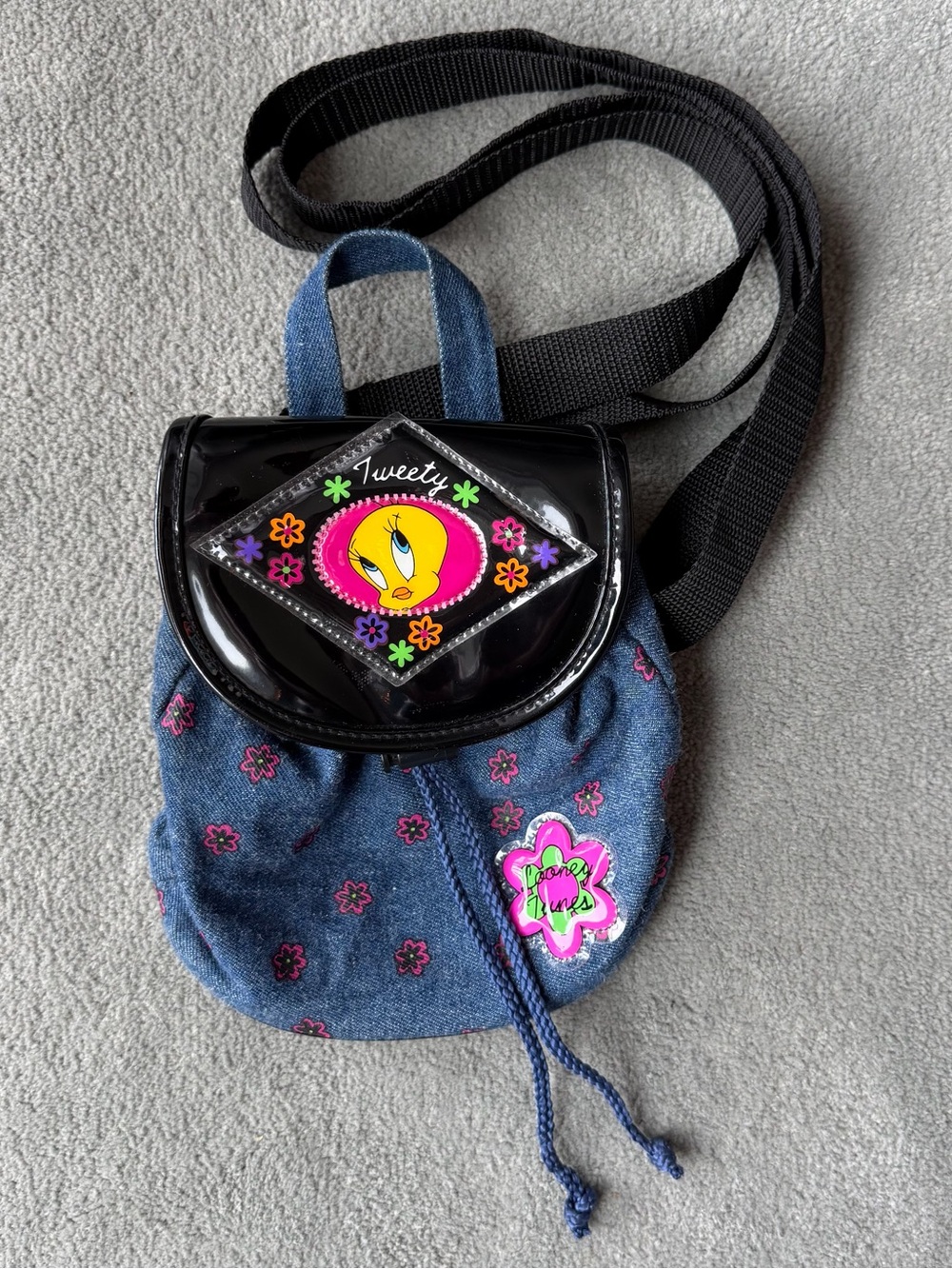 Vintage Kids 1997 Loony Tunes Tweety Bird Denim Mini Backpack